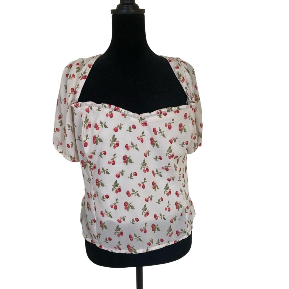 Abercrombie & Fitch White Cherry Print Puff Sleeve Crop‎ Top Size Large Feminine